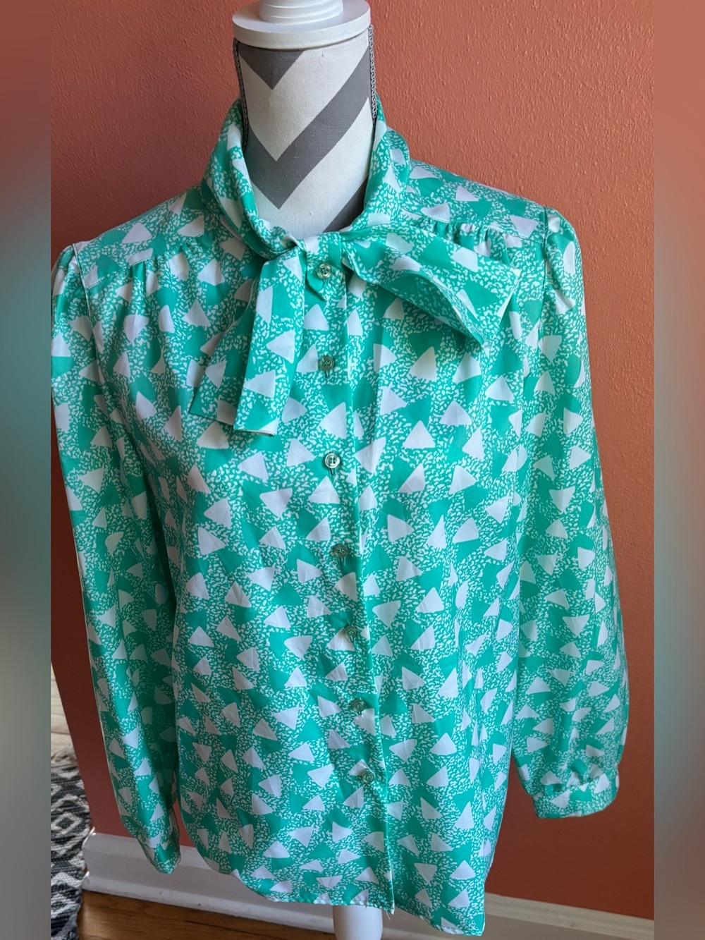 Vintage Devon Tie-Neck Button Down Shirt - Teal White Geometric